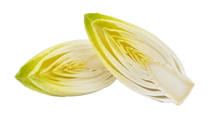 Fresh endive vegetable halves closeup for salad ingredient and healthy eating concept image design on transparent background