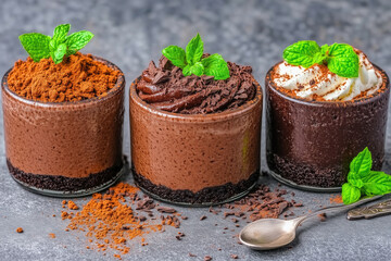 Rich chocolate mousse in small jars topped with whipped cream and cocoa powder, styled with scattered spoons, ingredients, and chocolate chunks on a dark textured surface.