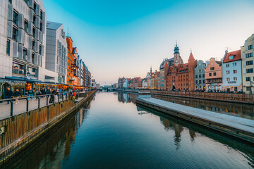 Gdansk with Motlawa river in Poland. Old town colourful house with Holy Spirit Gate