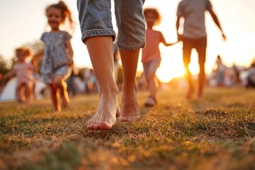 Fototapeta premium Walking barefoot on grass in a sunny park with children during evening hours