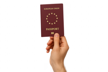 Hand holding European Union passport with transparent background
