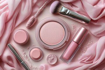 Flat lay of soft pink makeup items including blush, lip gloss, eyelash curler, and powder brush on light pastel fabric, styled with a feminine and elegant aesthetic.