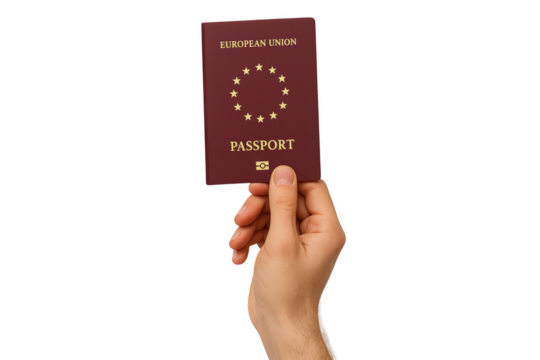 Hand holding European Union passport with transparent background