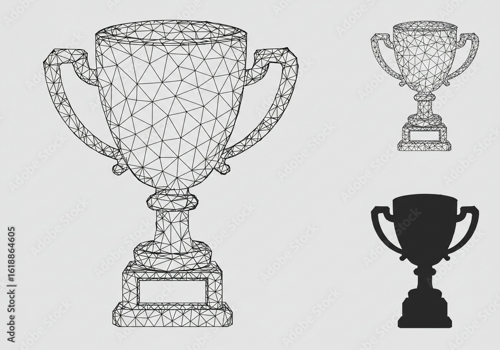 Poster a wireframe trophy with handles and a base alongside a smaller wireframe and a silhouette trophy