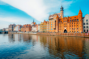 Gdansk with Motlawa river in Poland. Old town colourful house with Holy Spirit Gate
