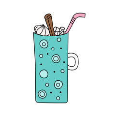 Cup, mug with dessert. Sweet, hot drink. Drawing, doodle. Delicious cocoa-milk dessert in mugs with marshmallows.