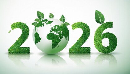 eco new year 2026 concept with green leafy numbers and earth globe for sustainability poster or calendar

