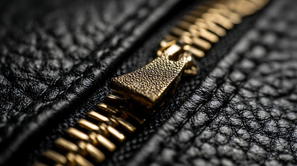 Textured gold zipper on black leather image