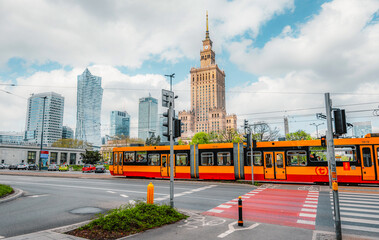 Warsaw, top view of the Palace of Culture in Poland and in the background the skyscrapers of the city of Warsaw