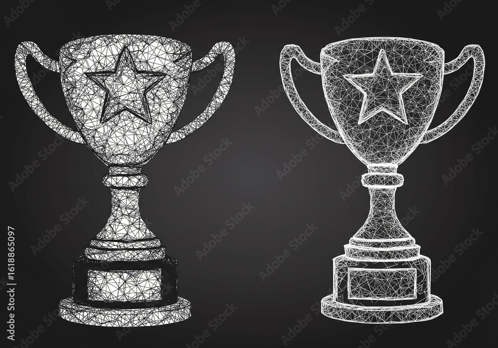 Poster two wireframe trophy cups with star emblem displayed against a dark gray background image