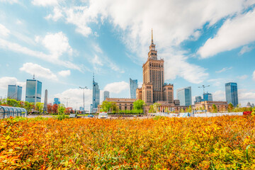 Warsaw, top view of the Palace of Culture in Poland and in the background the skyscrapers of the city of Warsaw