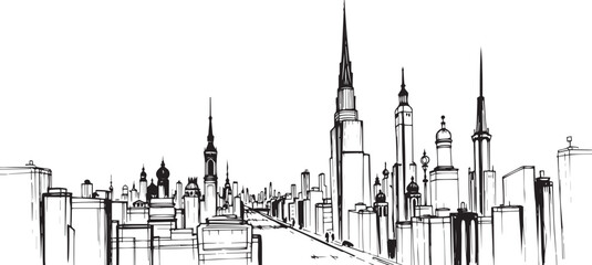 Fototapeta premium City landscape. Different buildings on street, outline cityscape hand sketch, flat houses. Hand drawn vector illustration