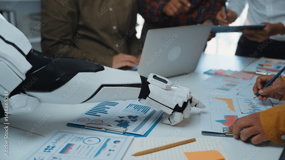 Poster a robotic arm interacts with human colleagues in a dynamic office setting, analyzing data and brains