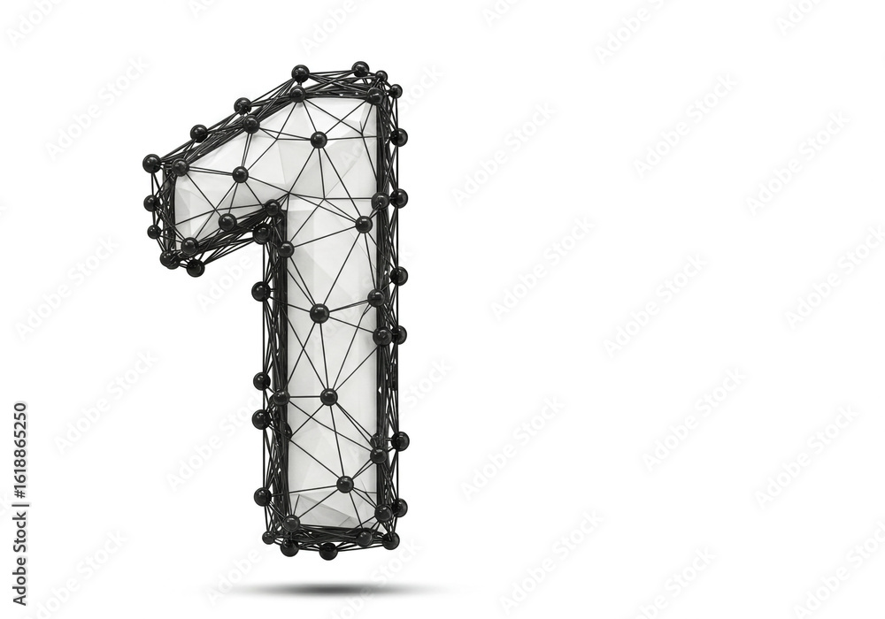 Poster a digital rendering of the number one with a black wireframe and white fill on a white background