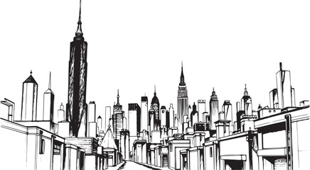 Fototapeta premium City landscape. Different buildings on street, outline cityscape hand sketch, flat houses. Hand drawn vector illustration