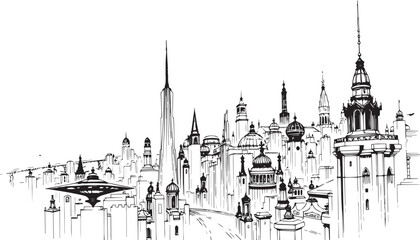 Fototapeta premium City landscape. Different buildings on street, outline cityscape hand sketch, flat houses. Hand drawn vector illustration