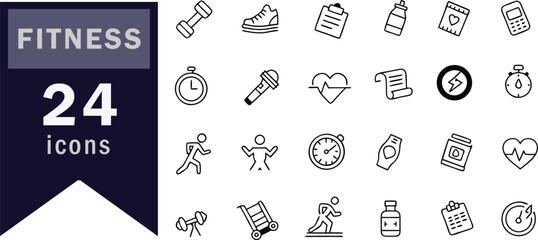 Fitness icon set. Containing dumbbell, treadmill, gym, yoga, stretching, kettlebell, protein, abs, cardio, heart rate, exercise, and more. Editable line icons. Vector illustration