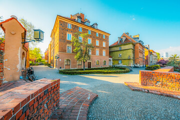 Warsaw old city center with Warsaw Barbican near Vistula river in the morning