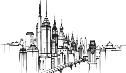 Fototapeta premium City landscape. Different buildings on street, outline cityscape hand sketch, flat houses. Hand drawn vector illustration