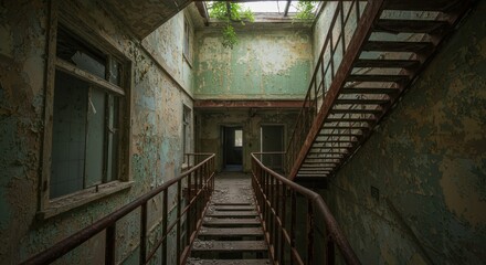 Eerie stairwell in dilapidated building evokes decay and forgotten history, captivating