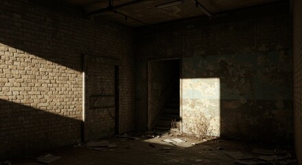 Eerie abandoned building interior with sunlight streaming through openings and decayed brick walls