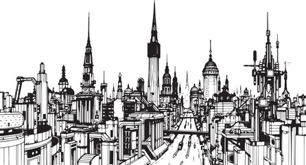 Fototapeta premium City landscape. Different buildings on street, outline cityscape hand sketch, flat houses. Hand drawn vector illustration