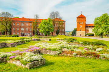 Wawel castle landmark with city view near river in Krakow Poland. Autumn landscape on coast river Wisla