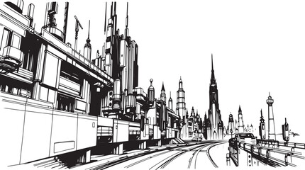 City landscape. Different buildings on street, outline cityscape hand sketch, flat houses. Hand drawn vector illustration