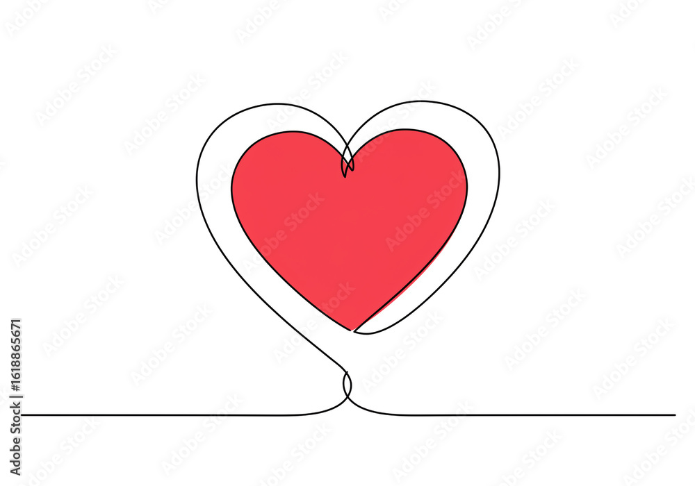 Poster a single continuous line drawing of a red heart shape on a white background illustration