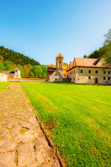 Medieval monastery Cerveny Klastor near Peak Tri Koruny or Trzy Korony in Pieniny National park in Slovakia and Poland