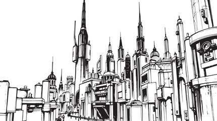 City landscape. Different buildings on street, outline cityscape hand sketch, flat houses. Hand drawn vector illustration
