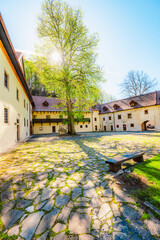 Medieval monastery Cerveny Klastor near Peak Tri Koruny or Trzy Korony in Pieniny National park in Slovakia and Poland