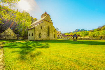 Medieval monastery Cerveny Klastor near Peak Tri Koruny or Trzy Korony in Pieniny National park in Slovakia and Poland