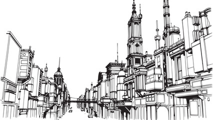Fototapeta premium City landscape. Different buildings on street, outline cityscape hand sketch, flat houses. Hand drawn vector illustration