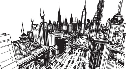 Fototapeta premium City landscape. Different buildings on street, outline cityscape hand sketch, flat houses. Hand drawn vector illustration