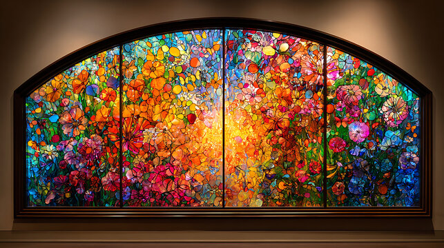 Vibrant floral stained glass archway illuminated by warm light colorful - Powered by Adobe