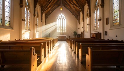 Fototapeta premium Sunlight streams through stained glass windows in a church