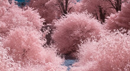 Dreamy pink landscape: A tranquil river flows through a forest of pink trees