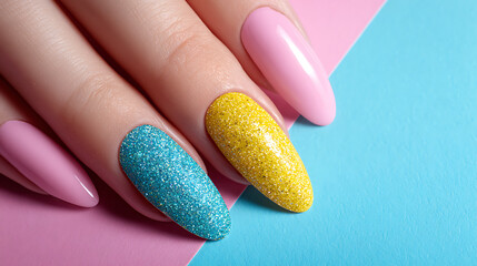 Vibrant glittery turquoise and sunny yellow almond shaped nails with soft pink polish manicure nail art