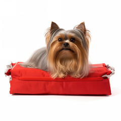 Red pet bed isolated on white background with a long-haired Yorkshire Terrier resting comfortably. Cozy, stylish space designed for small dog breeds.