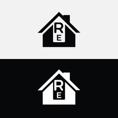 A minimalist real estate logo featuring a stylized house with the letters re inside, presented in both black on white and white on black