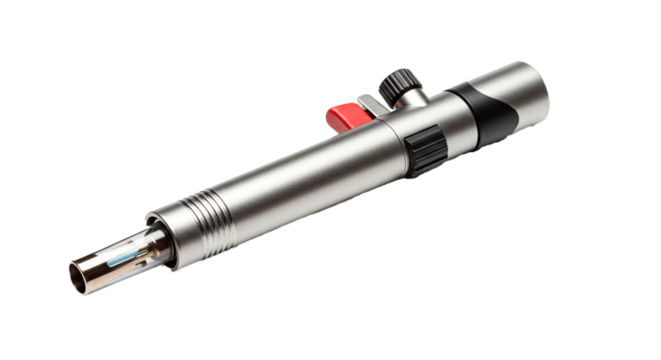 Professional culinary torch for creme brulee and cooking with adjustable flame and safety lock feature on transparent background