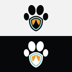 A modern pet care logo featuring a paw print combined with a shield, presented in both black on white and white on black