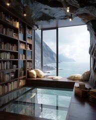 Cozy cave library with ocean view and glass floor