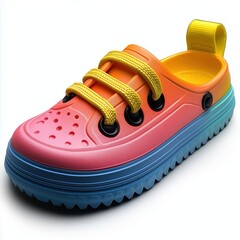 Colorful kids’ sneaker with yellow laces and pink-yellow gradient design, isolated on a white background. Vibrant and playful footwear for active children.
