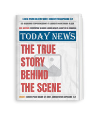Newspaper template. Daily newspaper journal design template with editable headlines quotes text articles and copy space image. Vertical folded newspaper layout. Vector illustration.
