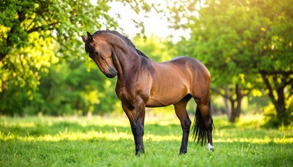 Fototapeta premium Horse in a lush green field bathed in sunlight