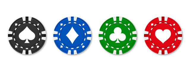 Poker and casino chips. Isolated realistic casino poker chips. Poker symbols with spades, hearts, diamonds, clubs. Playing gambling chips concept. Vector illustration.