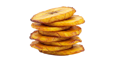 Stack of delicious fried plantain chips crispy and golden brown for healthy snack food photography on transparent background