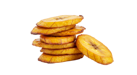 Delicious ripe plantain tostones fried and stacked for a tasty snack or side dish recipe idea on transparent background